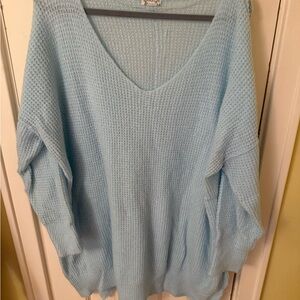 Free People Light Blue V-Neck Waffle Knit Sweater